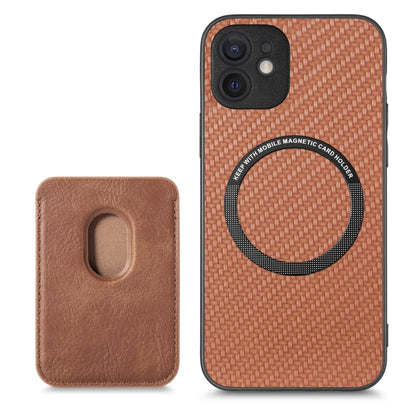 For iPhone 12 mini Carbon Fiber Leather Card Magsafe Magnetic Phone Case(Brown) - iPhone 12 mini Cases by buy2fix | Online Shopping UK | buy2fix