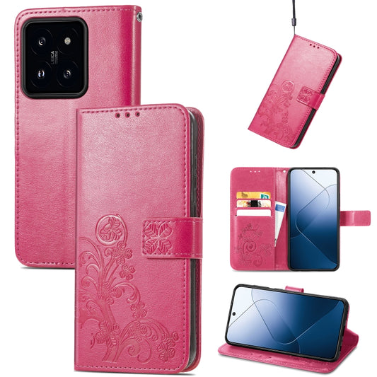 For Xiaomi 14 Pro Four-leaf Clasp Embossed Leather Phone Case(Magenta) - 14 Pro Cases by buy2fix | Online Shopping UK | buy2fix