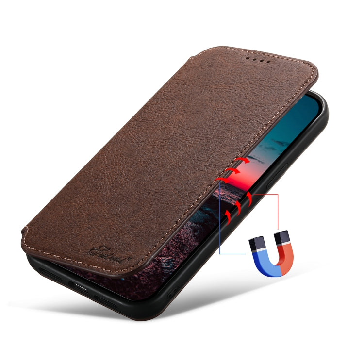 For iPhone 13 Suteni J06 Retro Matte Litchi Texture Leather Magnetic Magsafe Phone Case(Brown) - iPhone 13 Cases by Suteni | Online Shopping UK | buy2fix