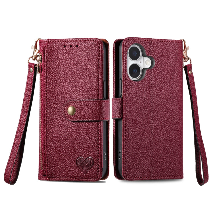 For iPhone 16 Love Zipper Lanyard Leather Phone Case(Red) - iPhone 16 Cases by buy2fix | Online Shopping UK | buy2fix