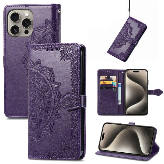 For iPhone 16 Plus Mandala Flower Embossed Leather Phone Case(Purple) - iPhone 16 Plus Cases by buy2fix | Online Shopping UK | buy2fix