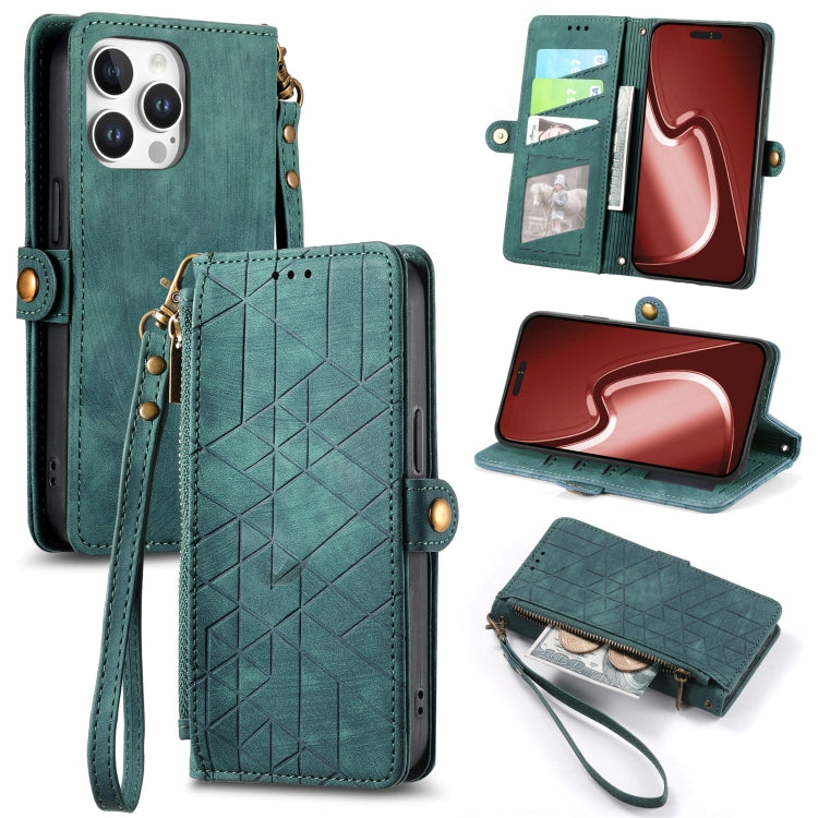 For iPhone 16 Pro Geometric Zipper Wallet Side Buckle Leather Phone Case(Green) - iPhone 16 Pro Cases by buy2fix | Online Shopping UK | buy2fix