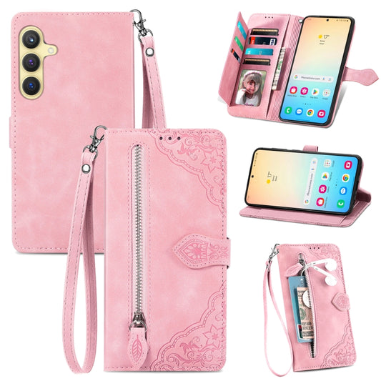 For Samsung Galaxy S24 5G Embossed Flower Zipper Leather Phone Case(Pink) - Galaxy S24 5G Cases by buy2fix | Online Shopping UK | buy2fix