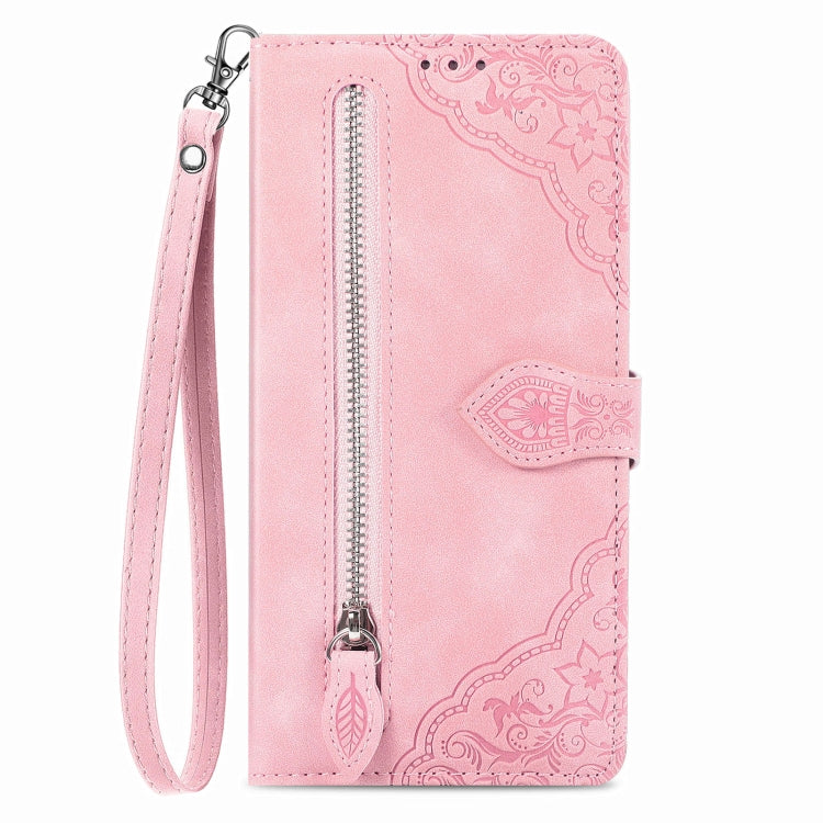 For Samsung Galaxy S23 FE 5G Embossed Flower Zipper Leather Phone Case(Pink) - Galaxy S23 FE 5G Cases by buy2fix | Online Shopping UK | buy2fix