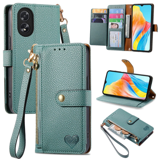 For OPPO A38 Love Zipper Lanyard Leather Phone Case(Green) - A38 Cases by buy2fix | Online Shopping UK | buy2fix