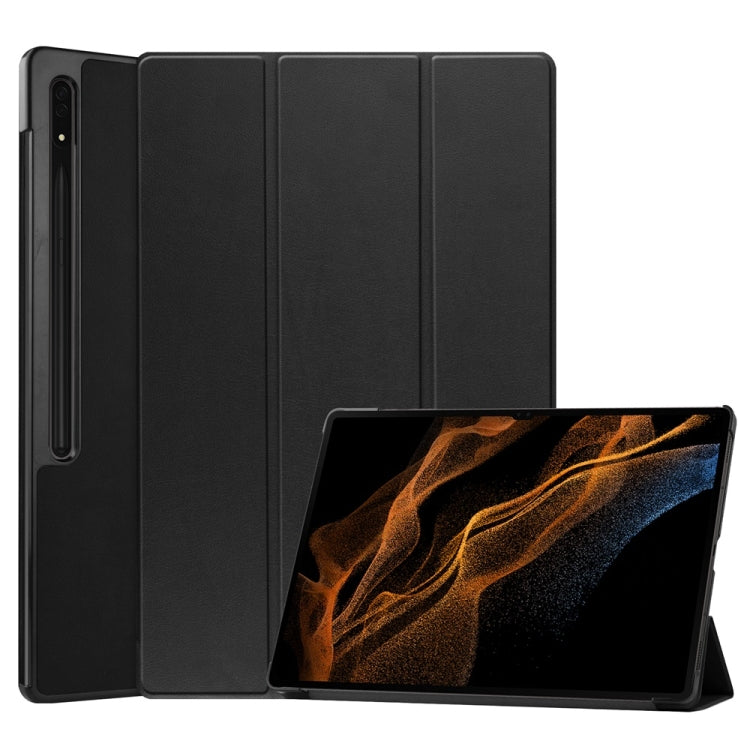 For Samsung Galaxy Tab S9 Ultra JUNSUNMAY Custer Solid Color 3-Fold Stand Leather Smart Tablet Case(Black) - Galaxy Tab S9 Ultra Cases by JUNSUNMAY | Online Shopping UK | buy2fix