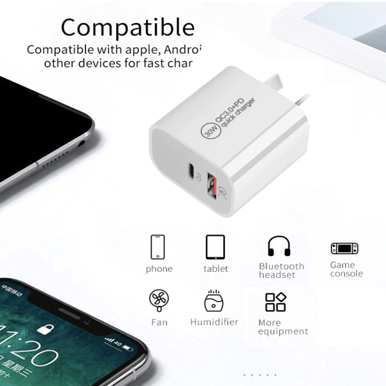 [HK Warehouse] PD30W USB-C / Type-C + QC3.0 USB Dual Port Charger, AU Plug - USB Charger by buy2fix | Online Shopping UK | buy2fix