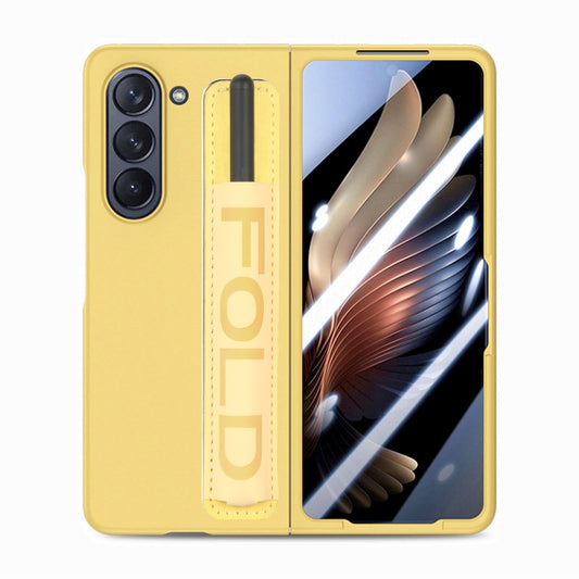 For Samsung   Galaxy Z Fold5 5G Integrated Film Wrist Grip Leather Phone Case with Pen Slot(Yellow) - Galaxy Z Fold5 Cases by buy2fix | Online Shopping UK | buy2fix