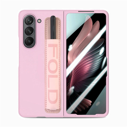 For Samsung   Galaxy Z Fold5 5G Integrated Film Wrist Grip Leather Phone Case with Pen Slot(Pink) - Galaxy Z Fold5 Cases by buy2fix | Online Shopping UK | buy2fix