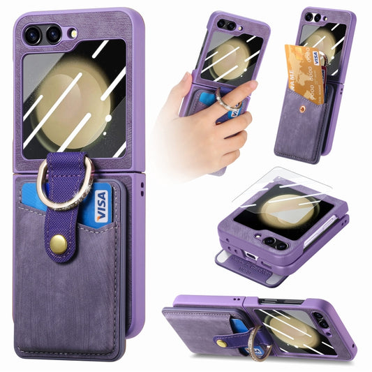 For Samsung Galaxy Z Flip5 5G Integrated Magnetic Card Wallet Diamond-encrusted Ring Phone Case(Purple) - Galaxy Z Flip5 Cases by buy2fix | Online Shopping UK | buy2fix