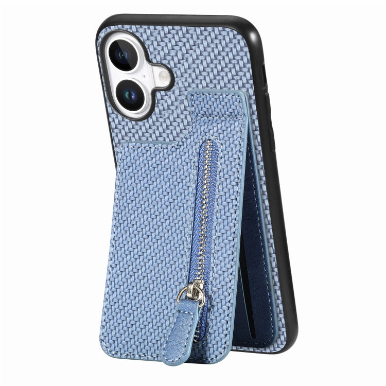 For iPhone 16 Carbon Fiber Vertical Flip Zipper Phone Case(Blue) - iPhone 16 Cases by buy2fix | Online Shopping UK | buy2fix