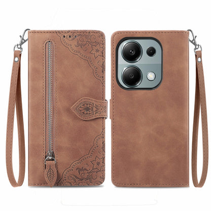 For Xiaomi Poco M6 Pro 4G Embossed Flower Zipper Leather Phone Case(Brown) - Xiaomi Cases by buy2fix | Online Shopping UK | buy2fix