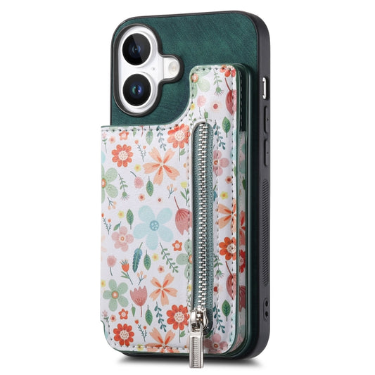 For iPhone 16 Plus Retro Painted Zipper Wallet Back Phone Case(Green) - iPhone 16 Plus Cases by buy2fix | Online Shopping UK | buy2fix