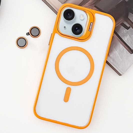 For iPhone 15 MagSafe Acrylic Hybrid TPU Holder Phone Case with Lens film(Orange) - iPhone 15 Cases by buy2fix | Online Shopping UK | buy2fix