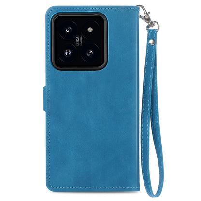 For Xiaomi 14 Embossed Flower Zipper Leather Phone Case(Blue) - 14 Cases by buy2fix | Online Shopping UK | buy2fix