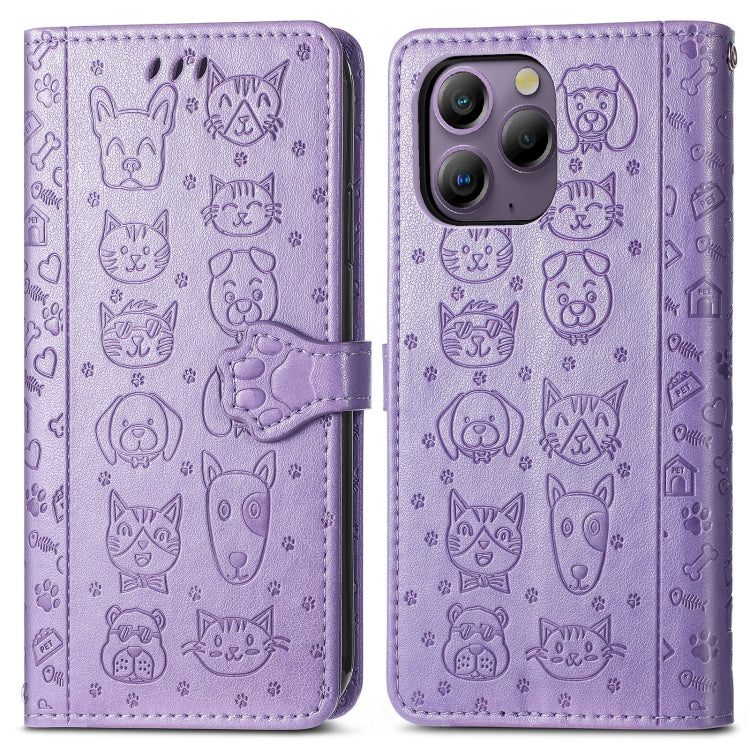 For Blackview A96 Cat and Dog Embossed Leather Phone Case(Purple) - More Brand by buy2fix | Online Shopping UK | buy2fix