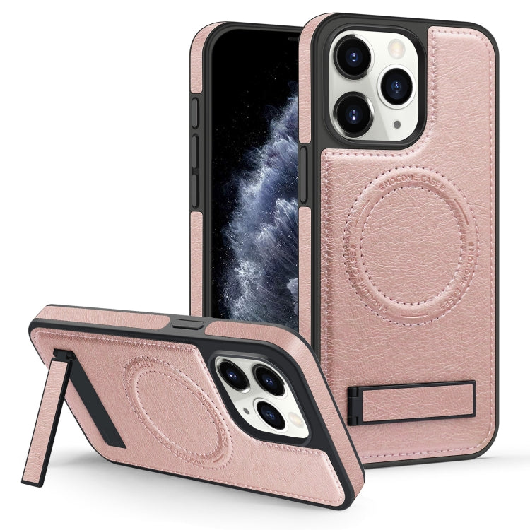 For iPhone 11 Pro Max Multi-function Holder MagSafe PU Phone Case(Rose Gold) - iPhone 11 Pro Max Cases by buy2fix | Online Shopping UK | buy2fix