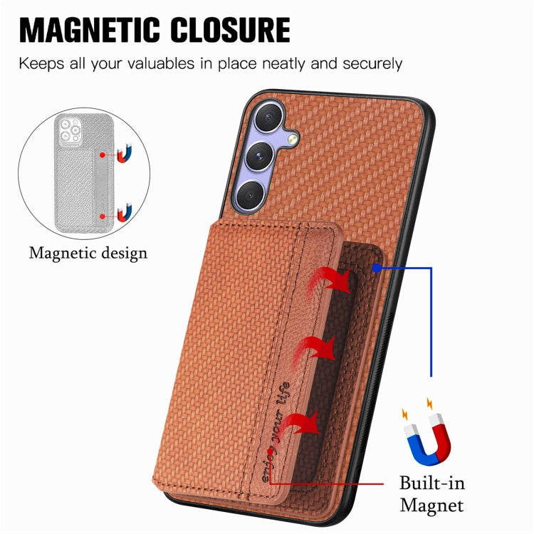 For Samsung Galaxy S25 5G Carbon Fiber Magnetic Card Wallet RFID Blocking Phone Case(Brown) - Galaxy S25 5G Cases by buy2fix | Online Shopping UK | buy2fix