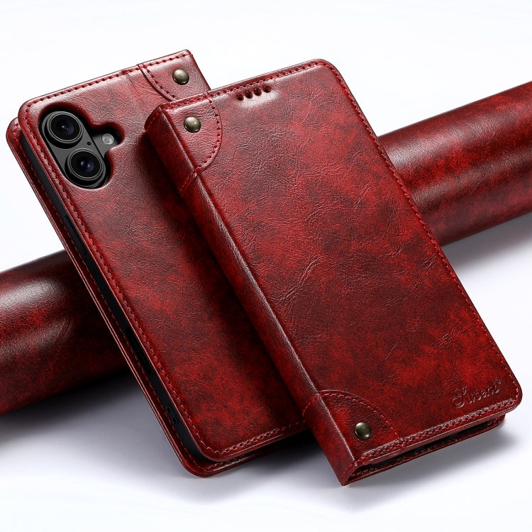 For iPhone 16 Plus Suteni Baroque Calf Texture Buckle Wallet Leather Phone Case(Red) - iPhone 16 Plus Cases by Suteni | Online Shopping UK | buy2fix