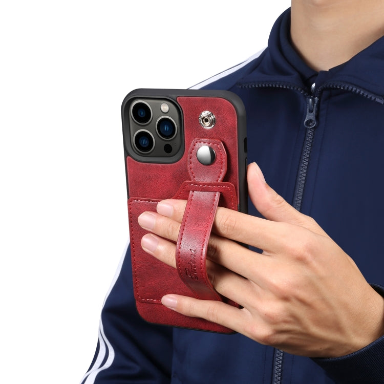 For iPhone 15 Pro Max SUTENI H12 Wrist Strap Leather Back Phone Case with Card Slot(Red) - iPhone 15 Pro Max Cases by Suteni | Online Shopping UK | buy2fix