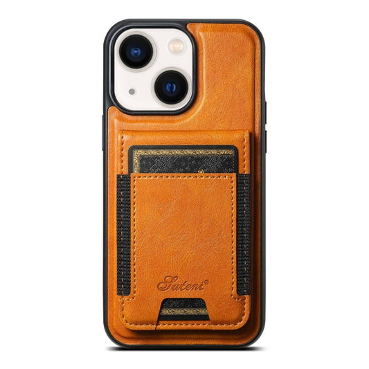 For iPhone 14 Suteni H17 Oil Eax Leather MagSafe Detachable Wallet Phone Case(Khaki) - iPhone 14 Cases by Suteni | Online Shopping UK | buy2fix