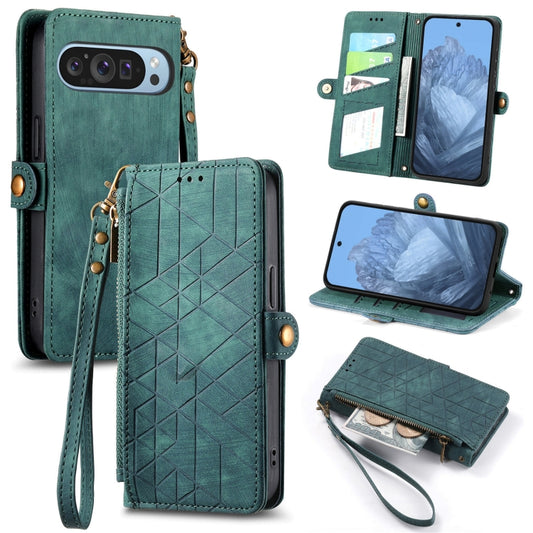 For Google Pixel 9 Geometric Zipper Wallet Side Buckle Leather Phone Case(Green) - Google Cases by buy2fix | Online Shopping UK | buy2fix