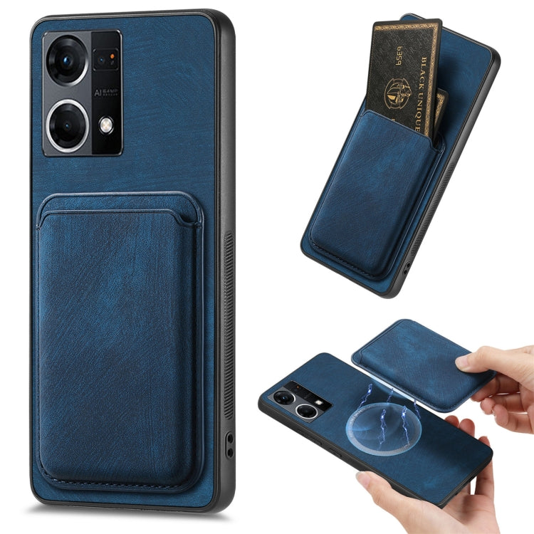 For OPPO Reno7 4G Retro Leather Card Bag Magnetic Phone Case(Blue) - OPPO Cases by buy2fix | Online Shopping UK | buy2fix