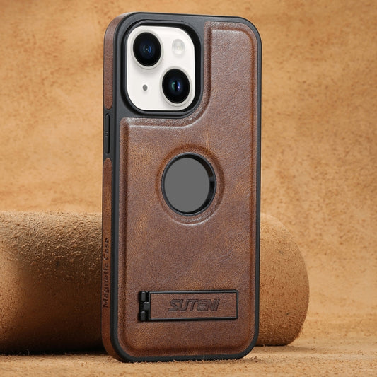 For iPhone 14 Suteni G2 Magsafe Oil Wax Leather Back Phone Case with Holder(Brown) - iPhone 14 Cases by Suteni | Online Shopping UK | buy2fix