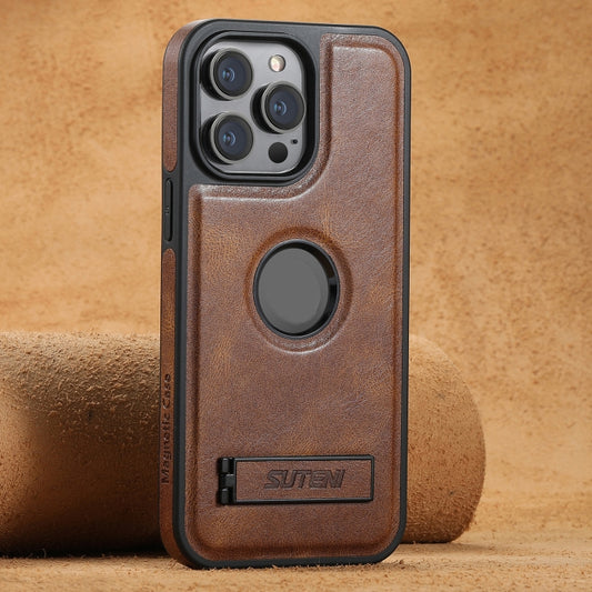 For iPhone 16 Pro Suteni G2 Magsafe Oil Wax Leather Back Phone Case with Holder(Brown) - iPhone 16 Pro Cases by Suteni | Online Shopping UK | buy2fix