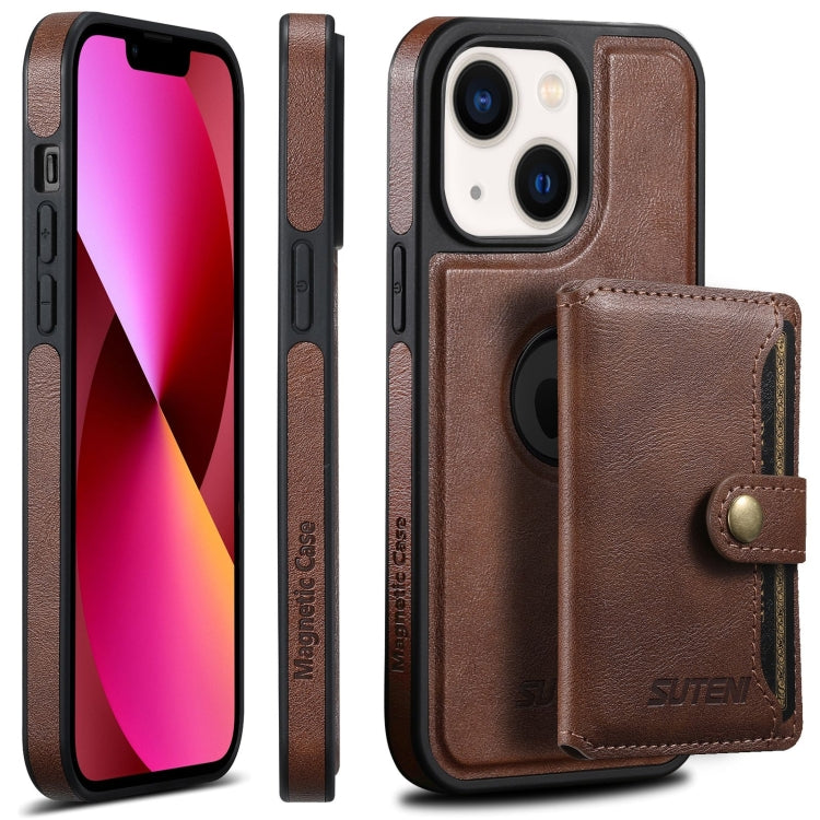 For iPhone 13 Suteni M1 Oil Wax MagSafe Detachable Horizontal Card Bag Phone Case(Brown) - iPhone 13 Cases by Suteni | Online Shopping UK | buy2fix