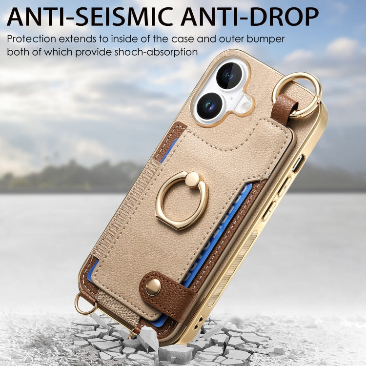 For iPhone 16 Fashion Ring Card Bag Phone Case with Hang Loop(Khaki) - iPhone 16 Cases by buy2fix | Online Shopping UK | buy2fix