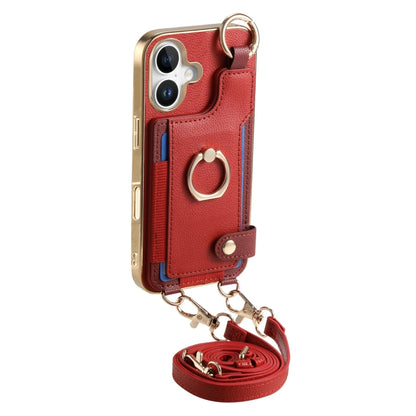 For iPhone 16 Fashion Ring Card Bag Phone Case with Hang Loop(Red) - iPhone 16 Cases by buy2fix | Online Shopping UK | buy2fix