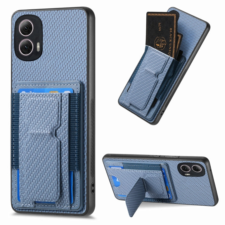 For Motorola Moto G Power 5G 2024 Carbon Fiber Fold Stand Elastic Card Bag Phone Case(Blue) - Motorola Cases by buy2fix | Online Shopping UK | buy2fix