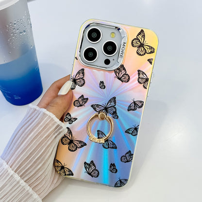 For iPhone 16 Pro Electroplating Laser Butterfly Ring Holder Phone Case(Blue Butterflies AB4) - iPhone 16 Pro Cases by buy2fix | Online Shopping UK | buy2fix