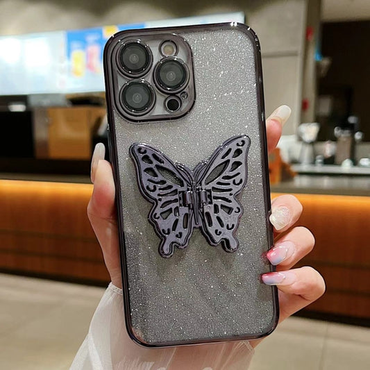 For iPhone 16 Electroplated Gradient Glitter 3D Butterfly TPU Phone Case(Gradient Black) - iPhone 16 Cases by buy2fix | Online Shopping UK | buy2fix