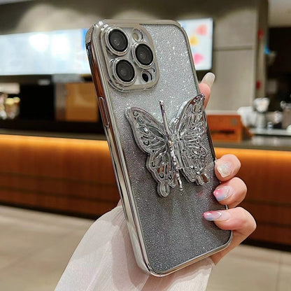 For iPhone 16 Plus Electroplated Gradient Glitter 3D Butterfly TPU Phone Case(Gradient Silver) - iPhone 16 Plus Cases by buy2fix | Online Shopping UK | buy2fix