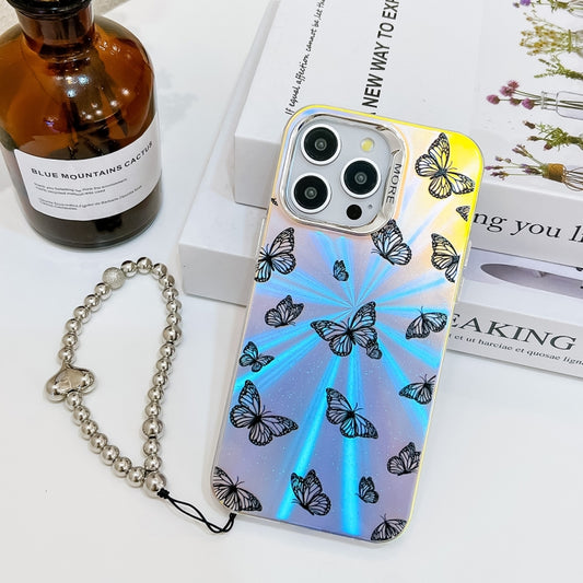 For iPhone 16 Pro Electroplating Laser Butterfly Phone Case with Wrist Strap(Black Butterflies AB5) - iPhone 16 Pro Cases by buy2fix | Online Shopping UK | buy2fix