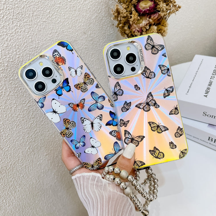 For iPhone 16 Pro Electroplating Laser Butterfly Phone Case with Wrist Strap(Blue Butterflies AB4) - iPhone 16 Pro Cases by buy2fix | Online Shopping UK | buy2fix