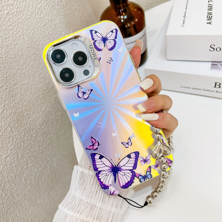 For iPhone 16 Pro Electroplating Laser Butterfly Phone Case with Wrist Strap(Blue Butterflies AB4) - iPhone 16 Pro Cases by buy2fix | Online Shopping UK | buy2fix