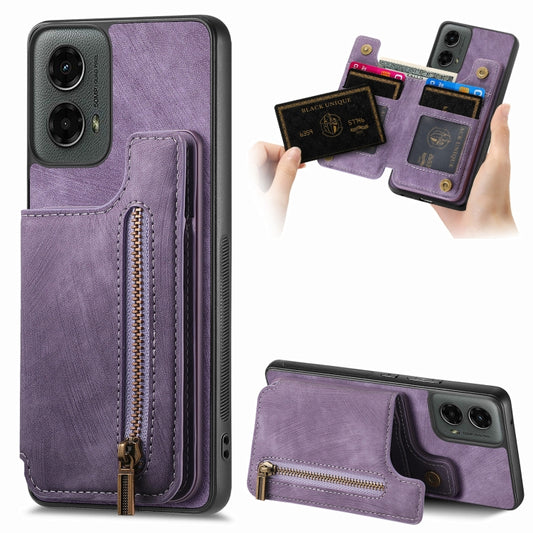 For Motorola Moto G 2024 Retro Leather Zipper Wallet Back Phone Case(Purple) - Motorola Cases by buy2fix | Online Shopping UK | buy2fix