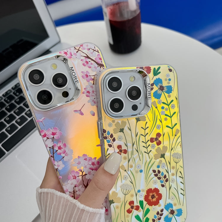 For iPhone 16 Electroplating Laser Flower Texture TPU Phone Case(Pink Flower AH13) - iPhone 16 Cases by buy2fix | Online Shopping UK | buy2fix