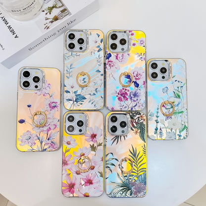 For iPhone 16 Plus Electroplating Laser Flower Ring Holder TPU Phone Case(Plum Blossom AH18) - iPhone 16 Plus Cases by buy2fix | Online Shopping UK | buy2fix