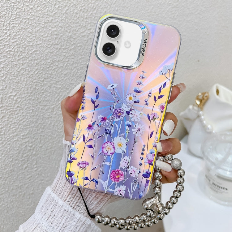 For iPhone 16 Electroplating Laser Flower Phone Case with Wrist Strap(Flower AH1) - iPhone 16 Cases by buy2fix | Online Shopping UK | buy2fix