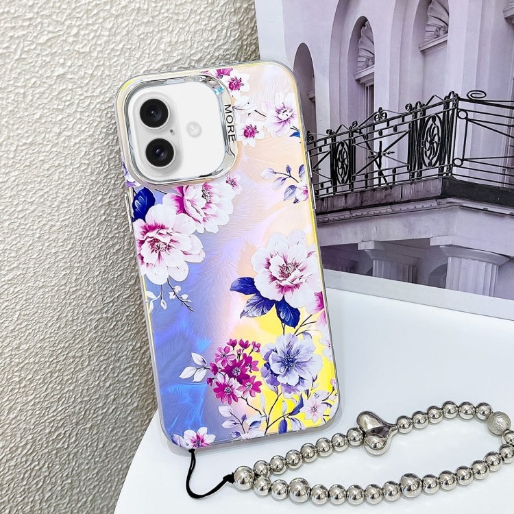 For iPhone 16 Electroplating Laser Flower Phone Case with Wrist Strap(Peony AH11) - iPhone 16 Cases by buy2fix | Online Shopping UK | buy2fix