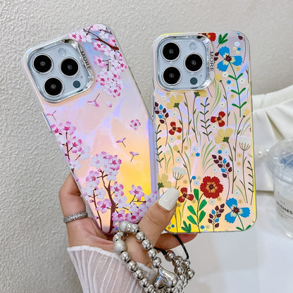 For iPhone 16 Plus Electroplating Laser Flower Phone Case with Wrist Strap(Peach Blossom AH4) - iPhone 16 Plus Cases by buy2fix | Online Shopping UK | buy2fix