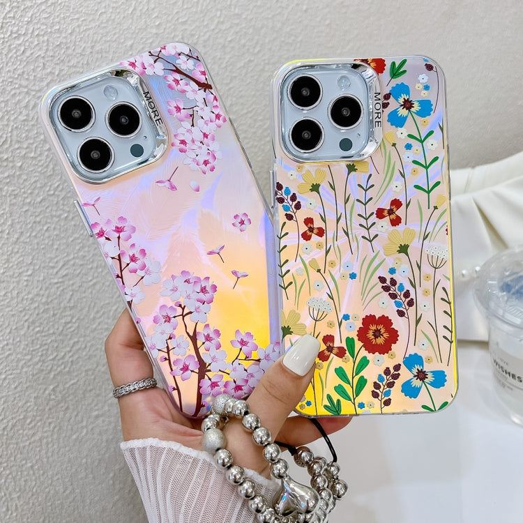 For iPhone 16 Plus Electroplating Laser Flower Phone Case with Wrist Strap(Blue Flower AH8) - iPhone 16 Plus Cases by buy2fix | Online Shopping UK | buy2fix