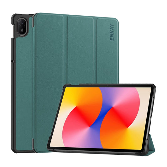 For Huawei MatePad SE 11 2024 ENKAY Tri-fold Custer Texture Platic Leather Tablet Case(Dark Green) - Huawei Cases by ENKAY | Online Shopping UK | buy2fix
