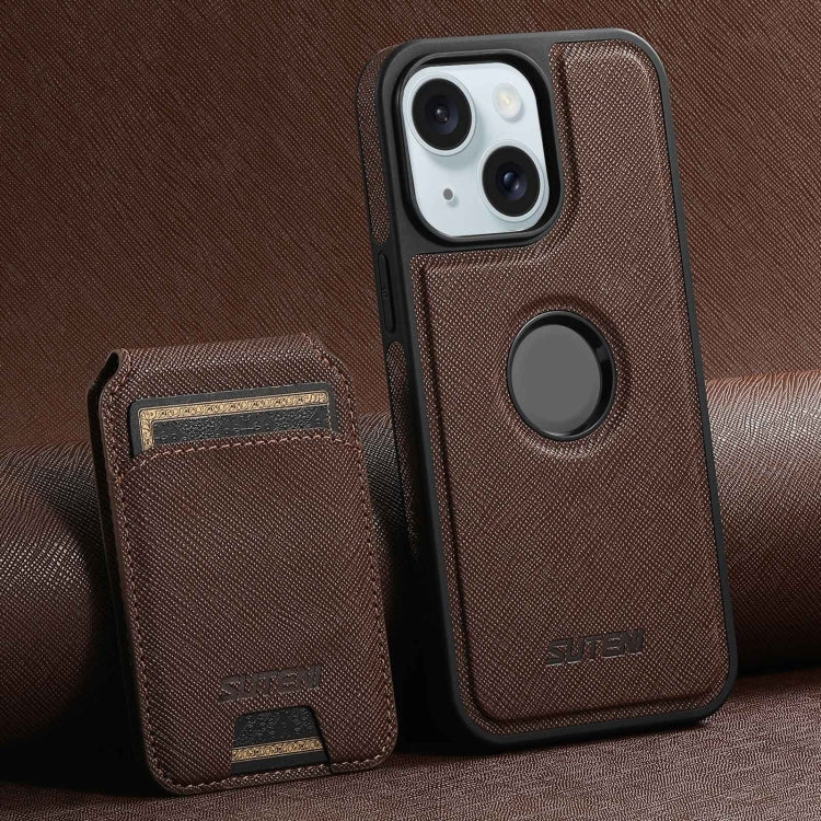 For iPhone 15 Suteni M2 Cross-Grain MagSafe Vertical Card Back Phone Case(Brown) - iPhone 15 Cases by Suteni | Online Shopping UK | buy2fix