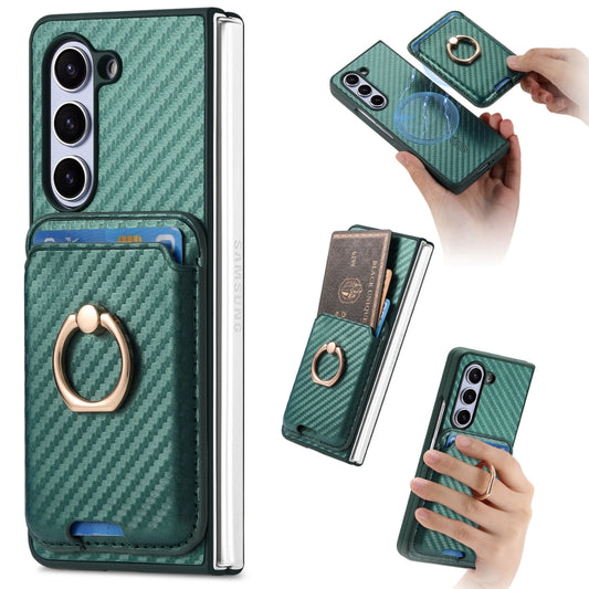 For Samsung Galaxy Z Fold6 Carbon Fiber Ring Card Bag Magsafe Phone Case(Green) - Galaxy Z Fold6 5G Cases by buy2fix | Online Shopping UK | buy2fix