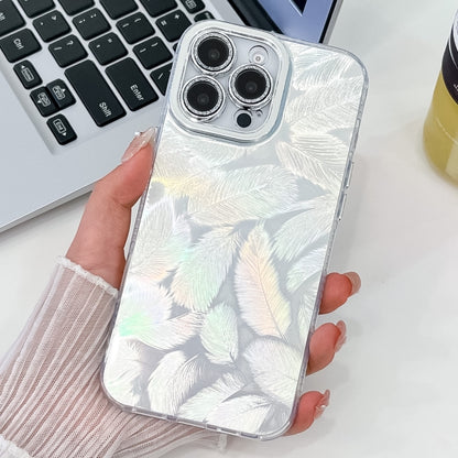 For iPhone 16 Pro Max Plating Glitter Texture TPU Phone Case with Lens Film(White Feathers) - iPhone 16 Pro Max Cases by buy2fix | Online Shopping UK | buy2fix